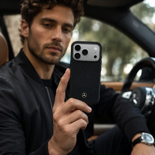 Mercedes-Benz Funda de Cuero con Textura para iPhone 17 Pro Compatible con MagSafe, Negro