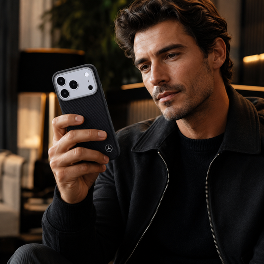 Mercedes-Benz Funda de Cuero con Textura para iPhone 17 Pro Max Compatible con MagSafe, Negro