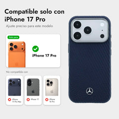 Mercedes-Benz Funda de Cuero con Textura para iPhone 17 Pro Compatible con MagSafe, Azul Marino