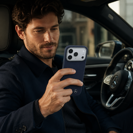 Mercedes-Benz Funda de Cuero con Textura para iPhone 17 Pro Max Compatible con MagSafe, Azul Marino