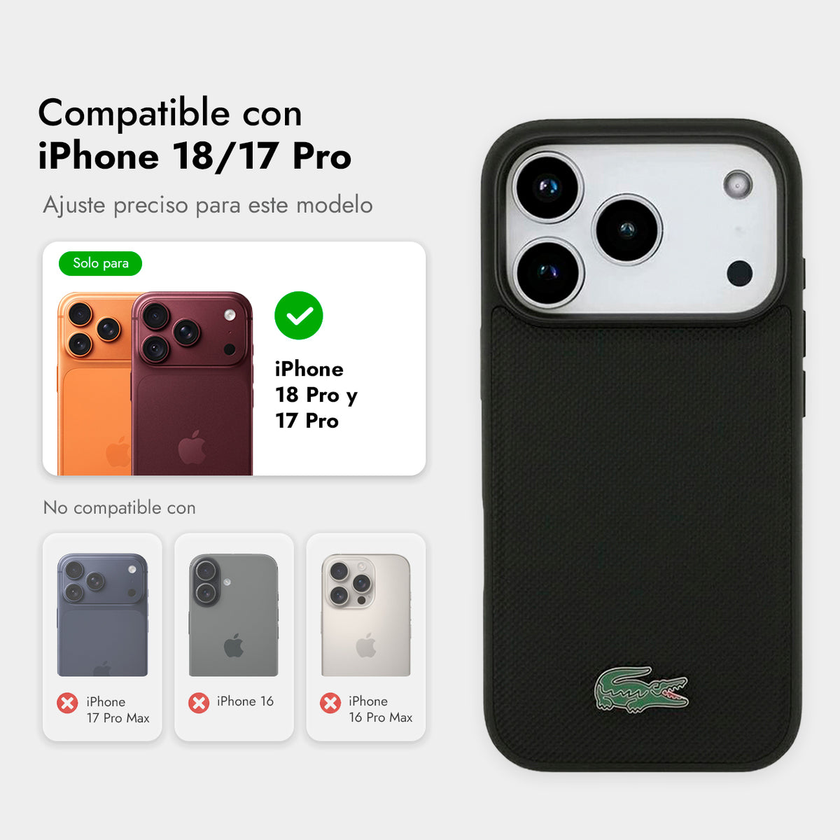 Lacoste Funda Petit Piqué para iPhone 17 Pro/18 Pro Compatible con MagSafe, Negro