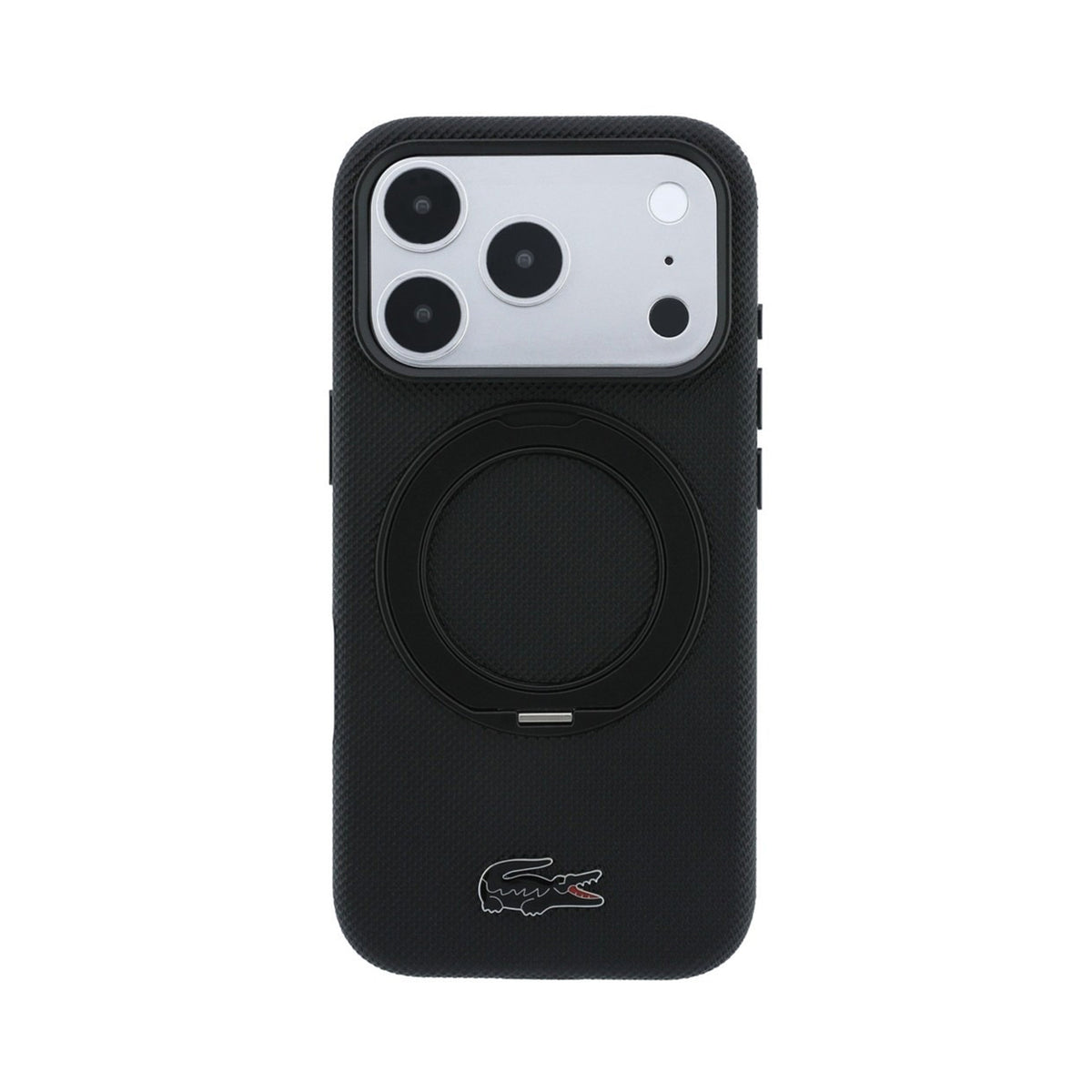 Lacoste Funda Petit Piqué para iPhone 17 Pro/18 Pro Compatible con MagSafe con Soporte, Negro