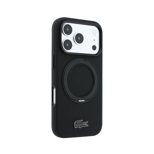 Lacoste Funda Petit Piqué para iPhone 17 Pro/18 Pro Compatible con MagSafe con Soporte, Negro