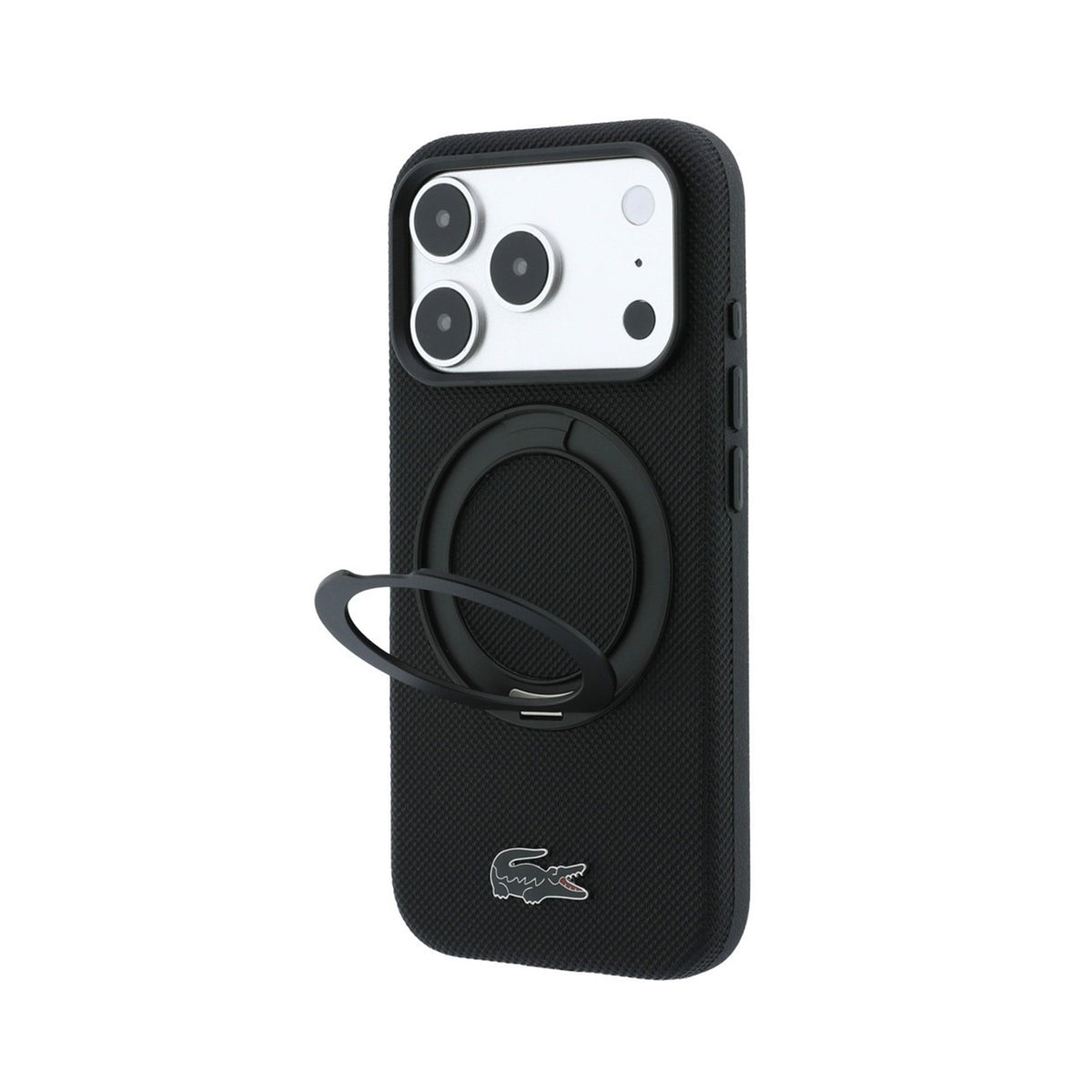 Lacoste Funda Petit Piqué para iPhone 17 Pro/18 Pro Compatible con MagSafe con Soporte, Negro