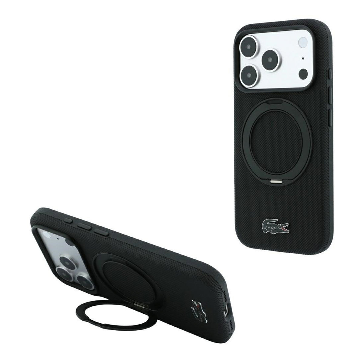 Lacoste Funda Petit Piqué para iPhone 17 Pro/18 Pro Compatible con MagSafe con Soporte, Negro