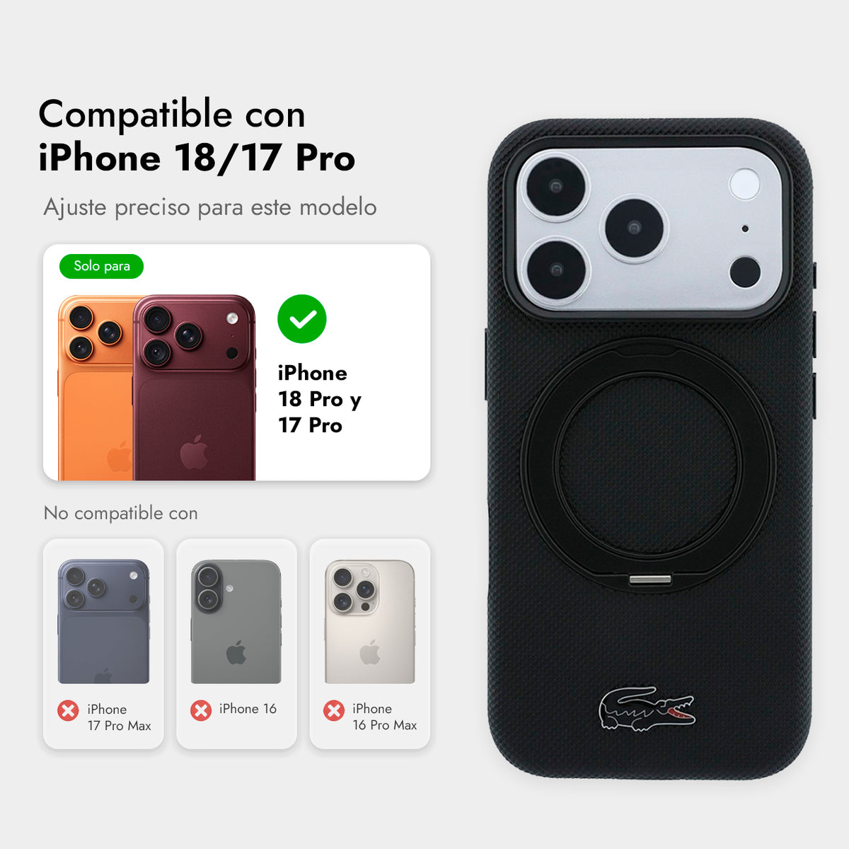 Lacoste Funda Petit Piqué para iPhone 17 Pro/18 Pro Compatible con MagSafe con Soporte, Negro