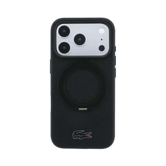 Lacoste Funda Petit Piqué para iPhone 17 Pro Max/18 Pro Max Compatible con MagSafe con Soporte, Negro