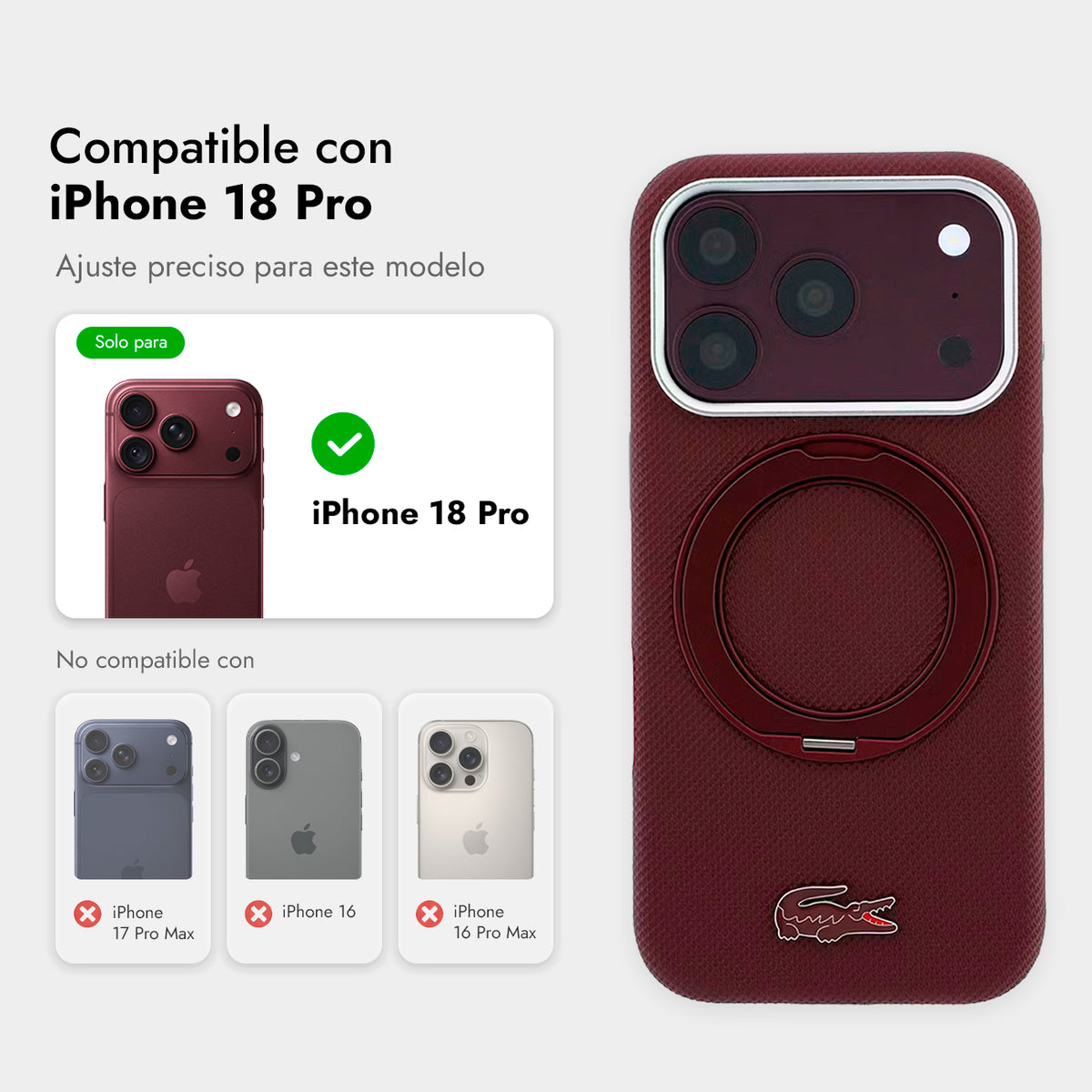 Lacoste Funda Petit Piqué para iPhone 18 Pro Compatible con MagSafe con Soporte, Burdeos