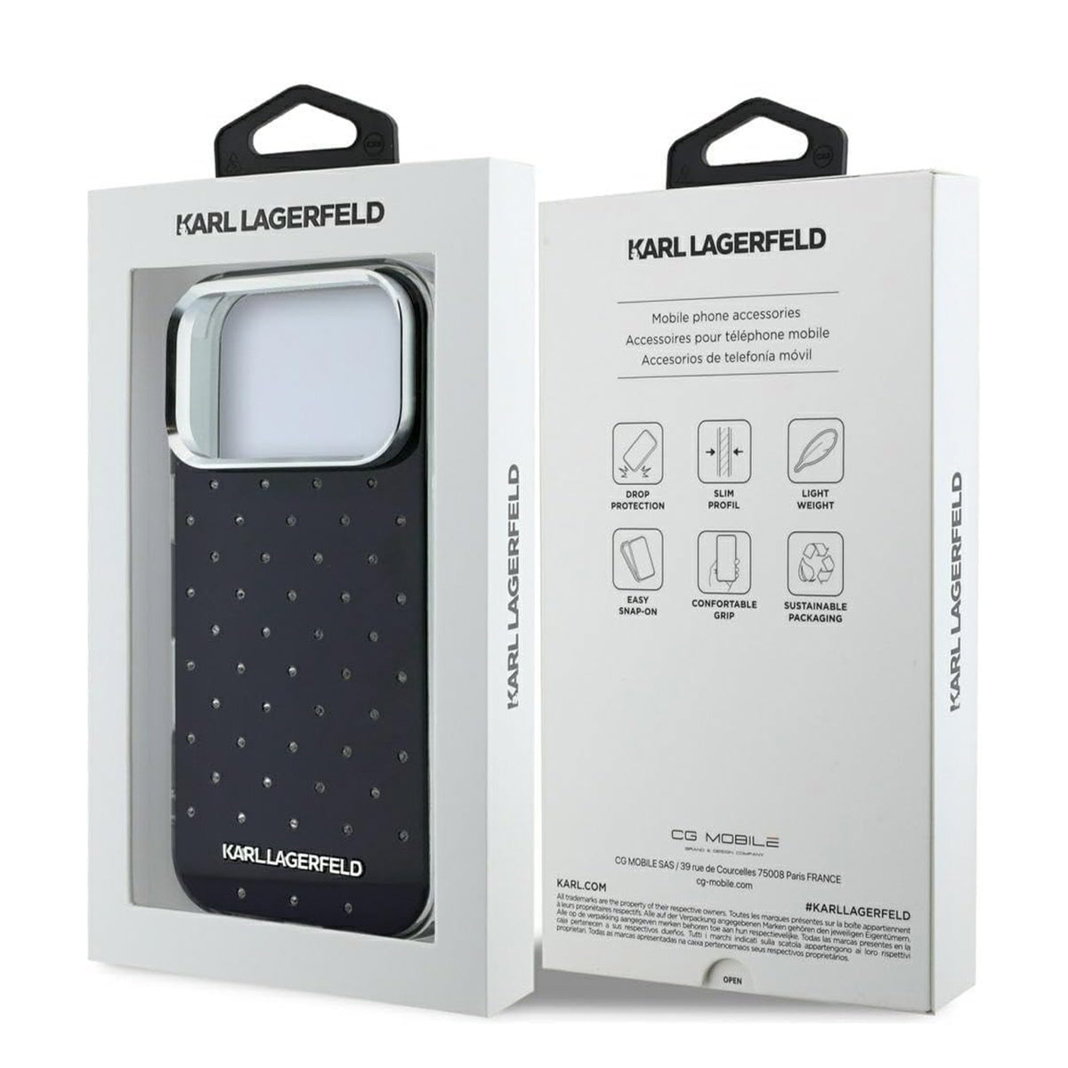 KARL LAGERFELD Funda Strass con Logo Metalizado para iPhone 18 Pro, Negra