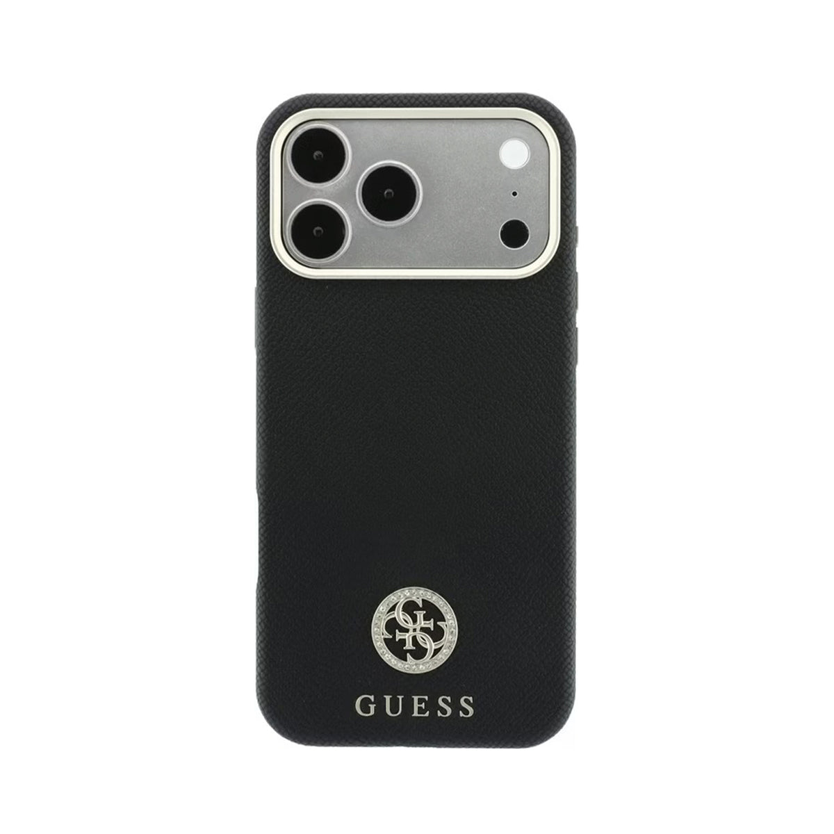 GUESS Funda Efecto Granulado con Logo Strass para iPhone 18 Pro Compatible con MagSafe, Negra