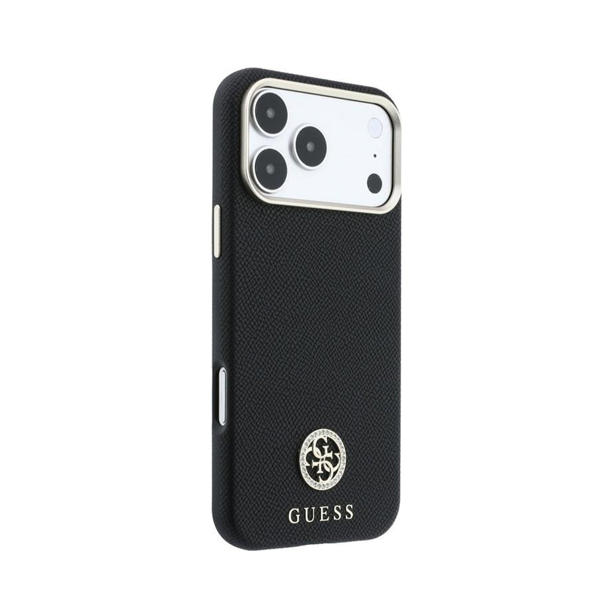 GUESS Funda Efecto Granulado con Logo Strass para iPhone 18 Pro Compatible con MagSafe, Negra