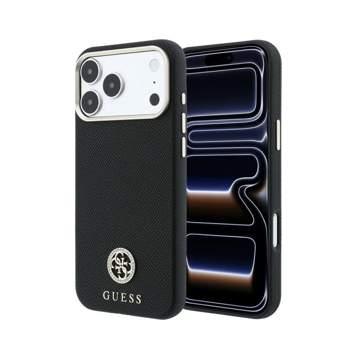 GUESS Funda Efecto Granulado con Logo Strass para iPhone 18 Pro Compatible con MagSafe, Negra