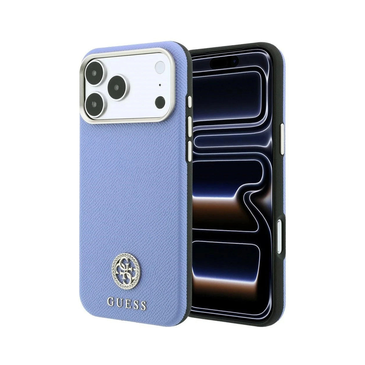 GUESS Funda Efecto Granulado con Logo Strass para iPhone 18 Pro Max Compatible con MagSafe, Azul Claro