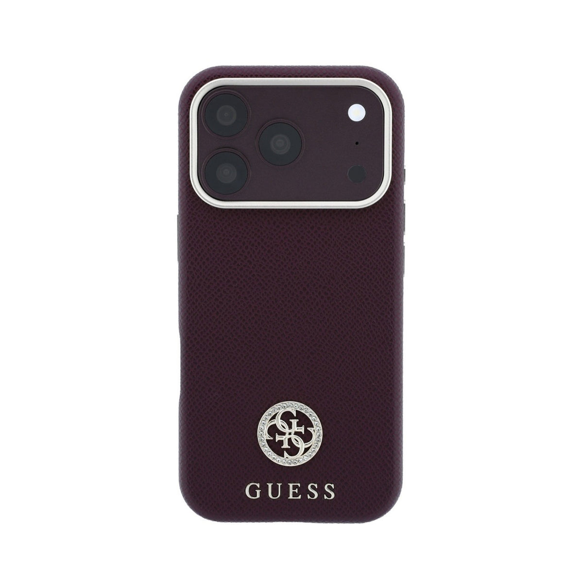 GUESS Funda Efecto Granulado con Logo Strass para iPhone 18 Pro Compatible con MagSafe, Burdeos