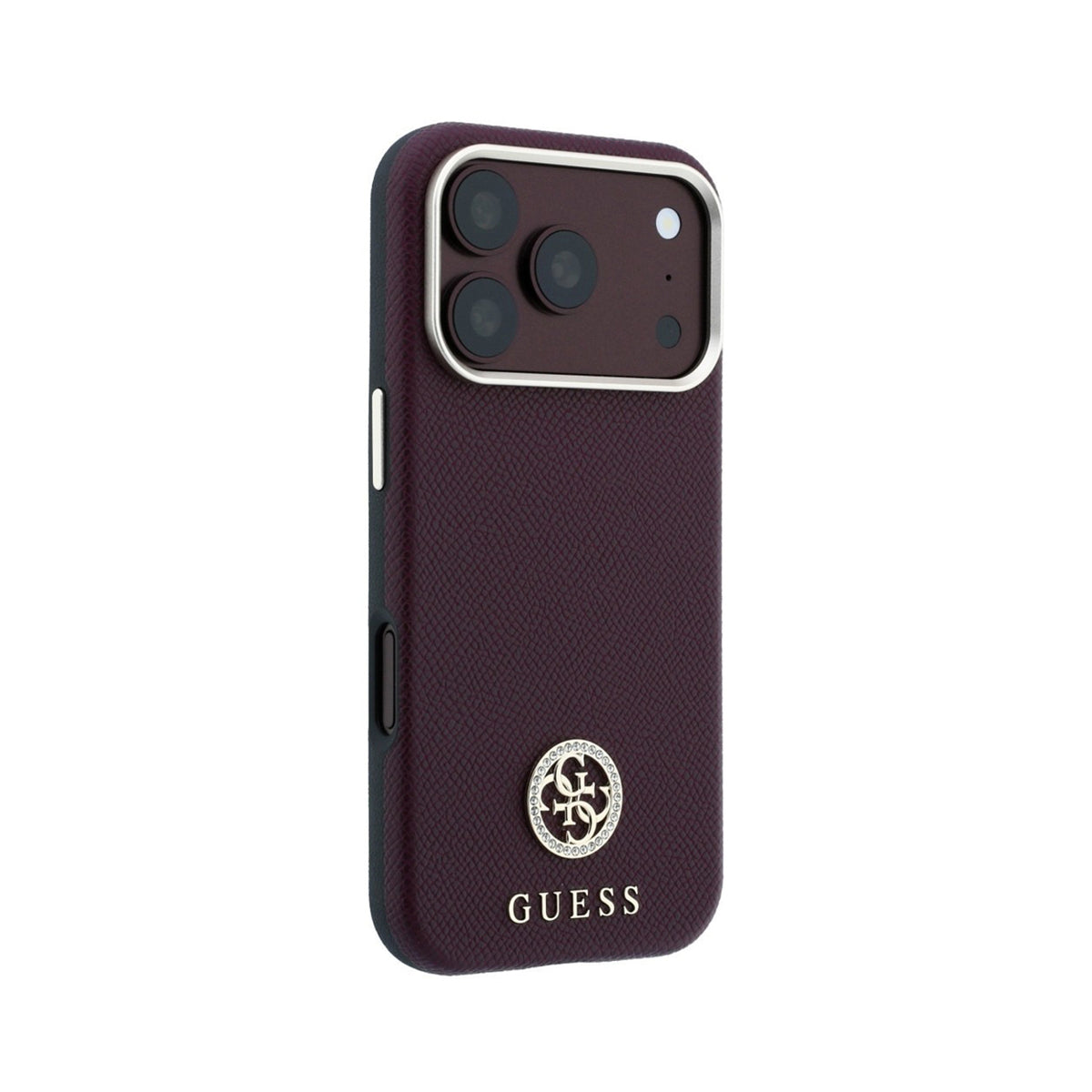 GUESS Funda Efecto Granulado con Logo Strass para iPhone 18 Pro Compatible con MagSafe, Burdeos