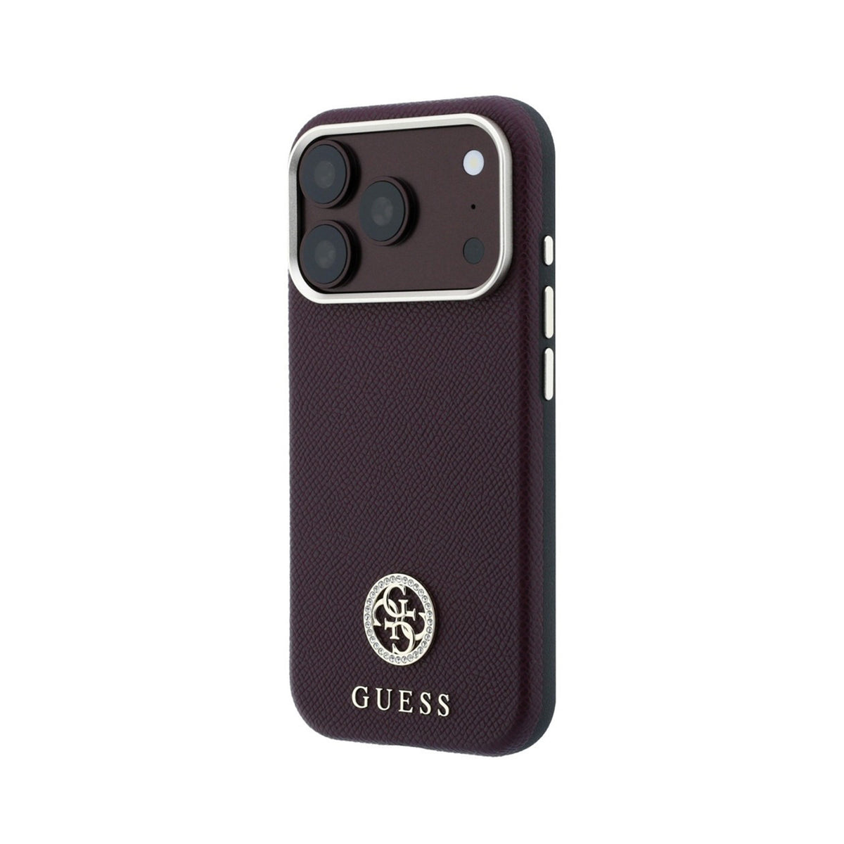 GUESS Funda Efecto Granulado con Logo Strass para iPhone 18 Pro Compatible con MagSafe, Burdeos