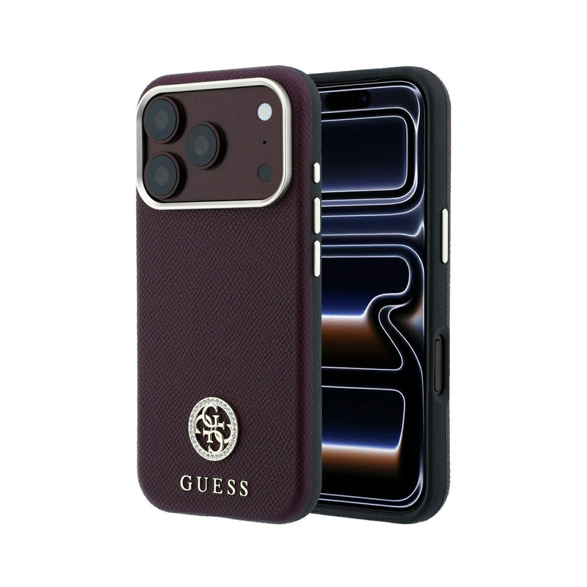 GUESS Funda Efecto Granulado con Logo Strass para iPhone 18 Pro Compatible con MagSafe, Burdeos