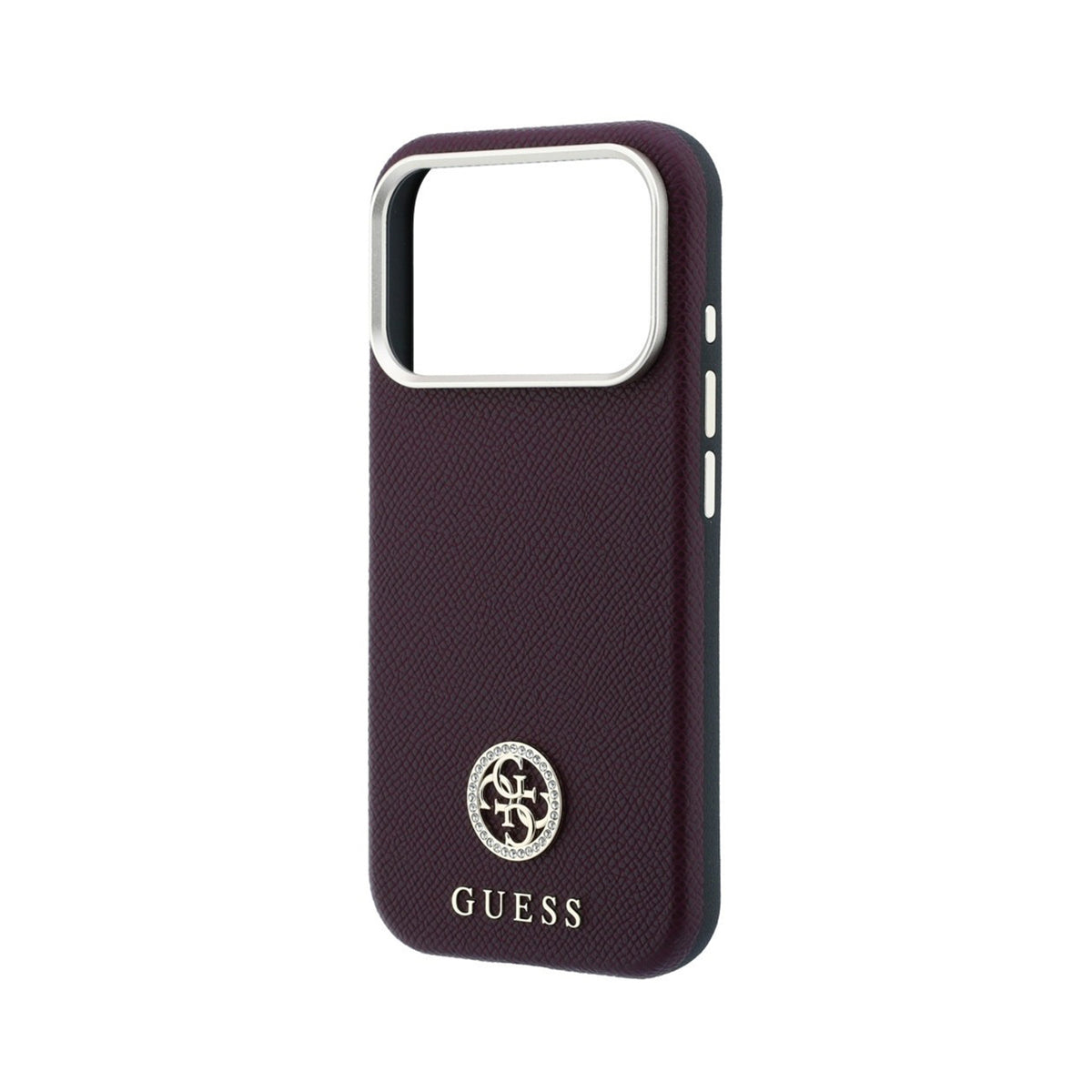 GUESS Funda Efecto Granulado con Logo Strass para iPhone 18 Pro Compatible con MagSafe, Burdeos
