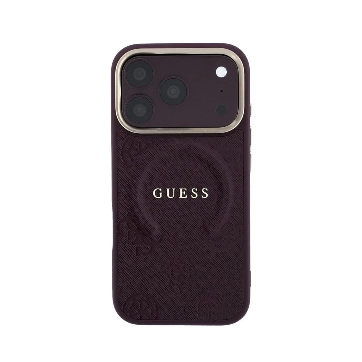 GUESS Funda Saffiano Peonía con Anillo para iPhone 18 Pro Compatible con MagSafe, Burdeos