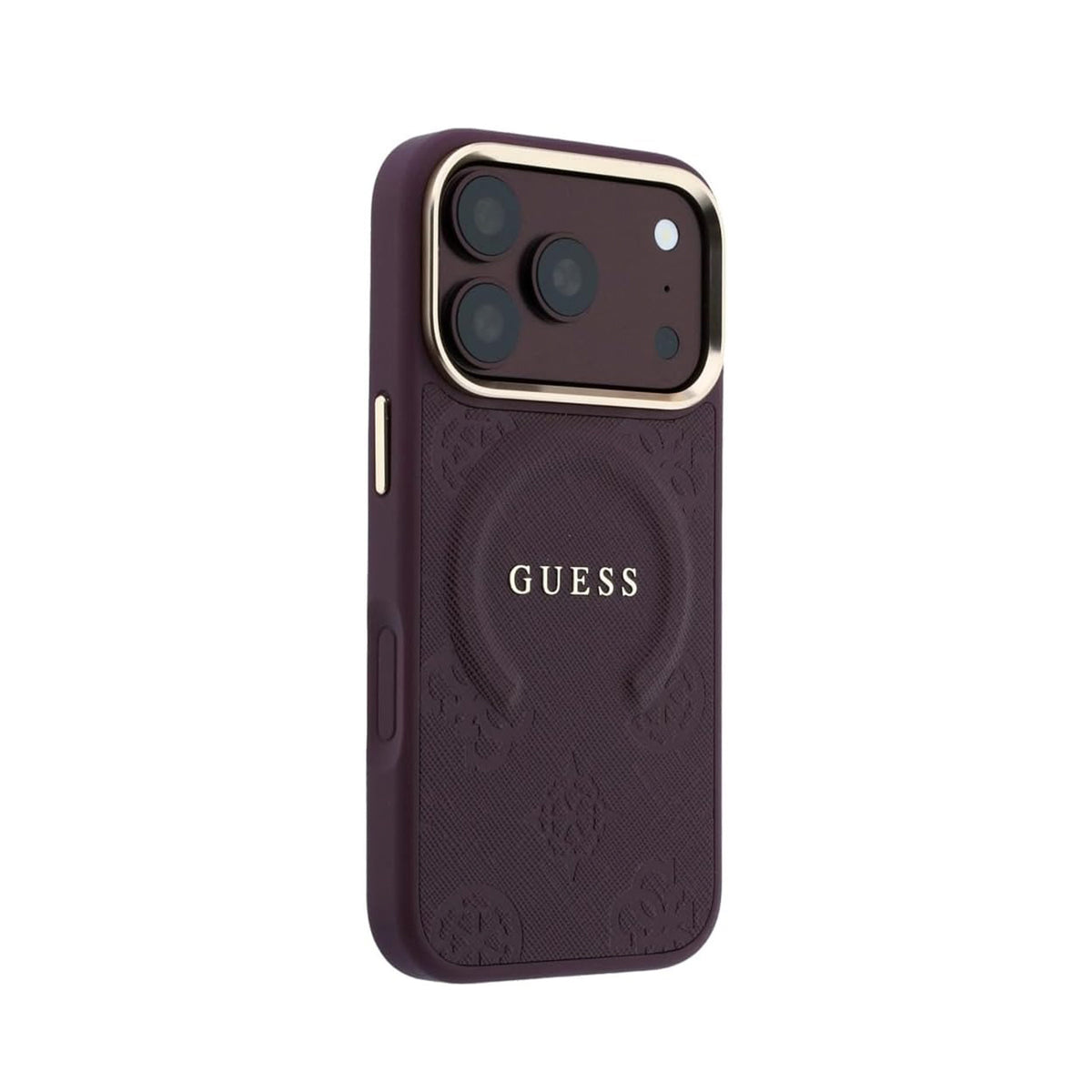 GUESS Funda Saffiano Peonía con Anillo para iPhone 18 Pro Compatible con MagSafe, Burdeos