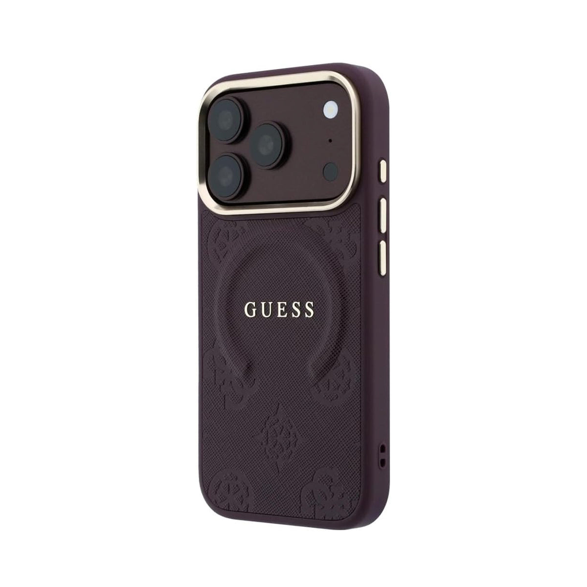 GUESS Funda Saffiano Peonía con Anillo para iPhone 18 Pro Compatible con MagSafe, Burdeos