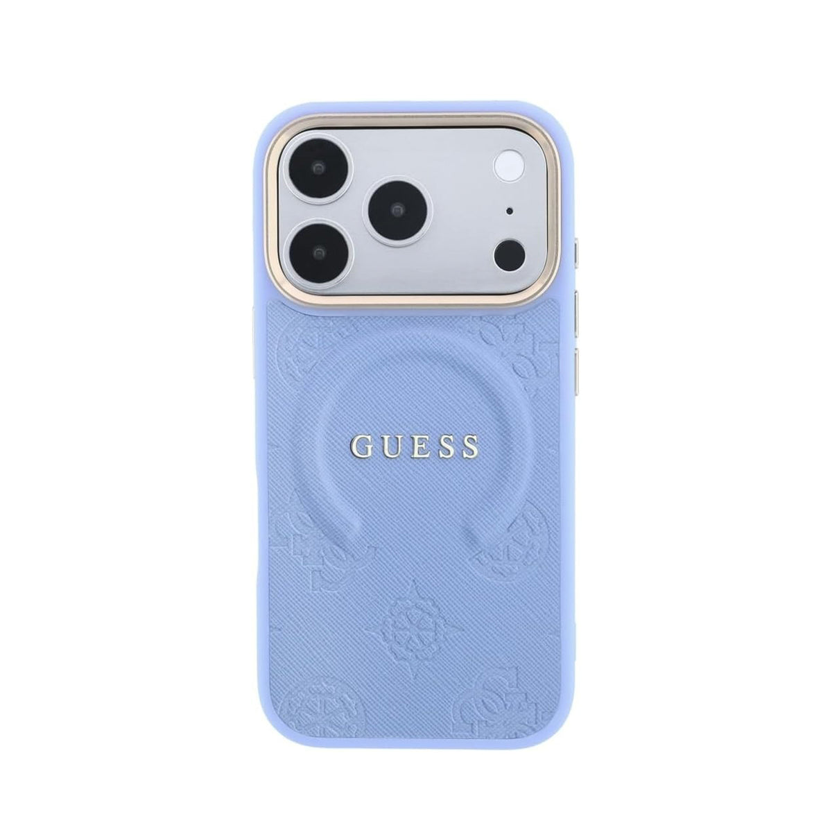 GUESS Funda Saffiano Peonía con Anillo para iPhone 18 Pro Compatible con MagSafe, Azul Claro
