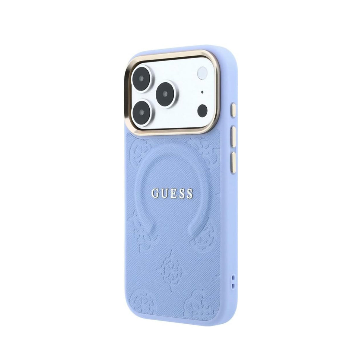 GUESS Funda Saffiano Peonía con Anillo para iPhone 18 Pro Compatible con MagSafe, Azul Claro