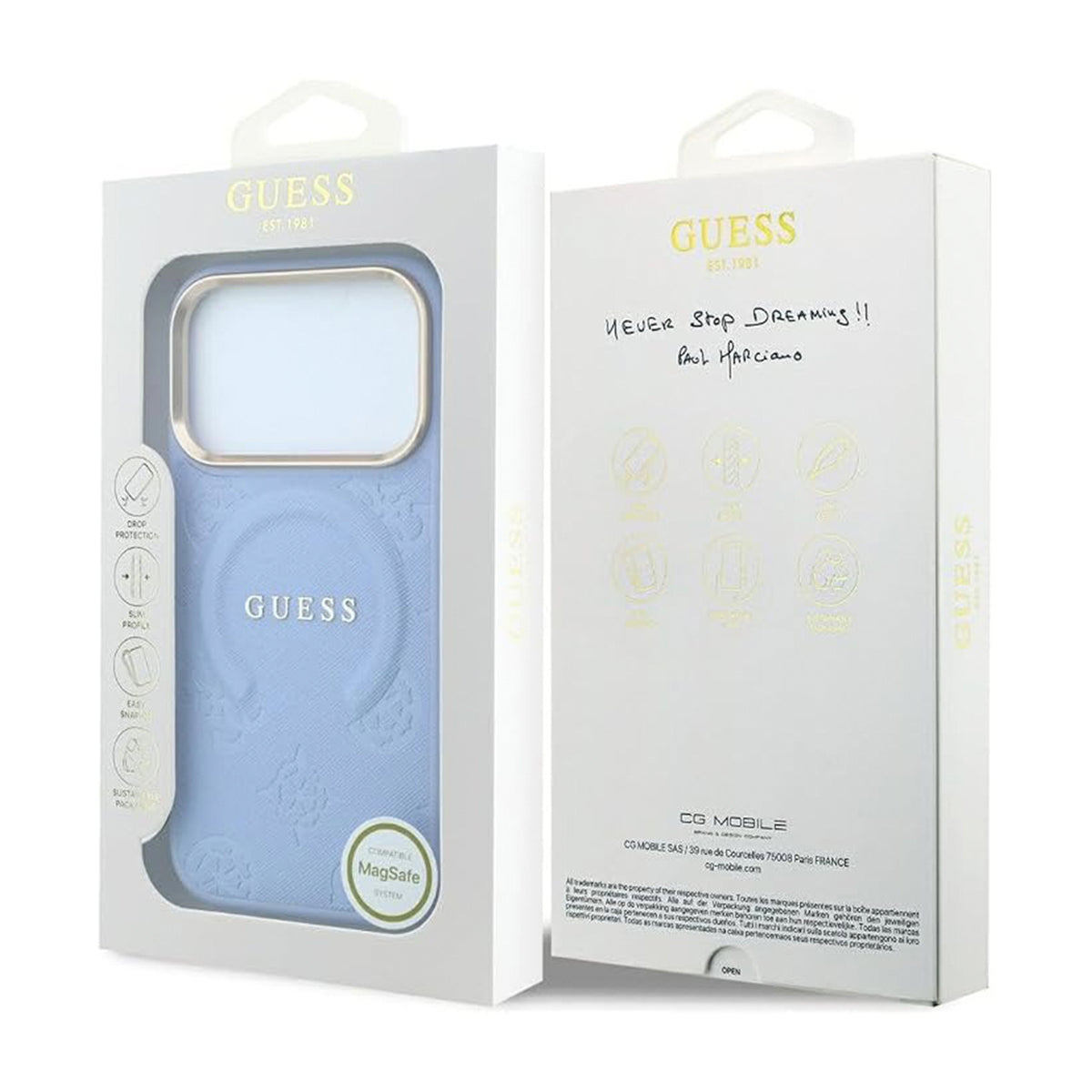 GUESS Funda Saffiano Peonía con Anillo para iPhone 18 Pro Compatible con MagSafe, Azul Claro