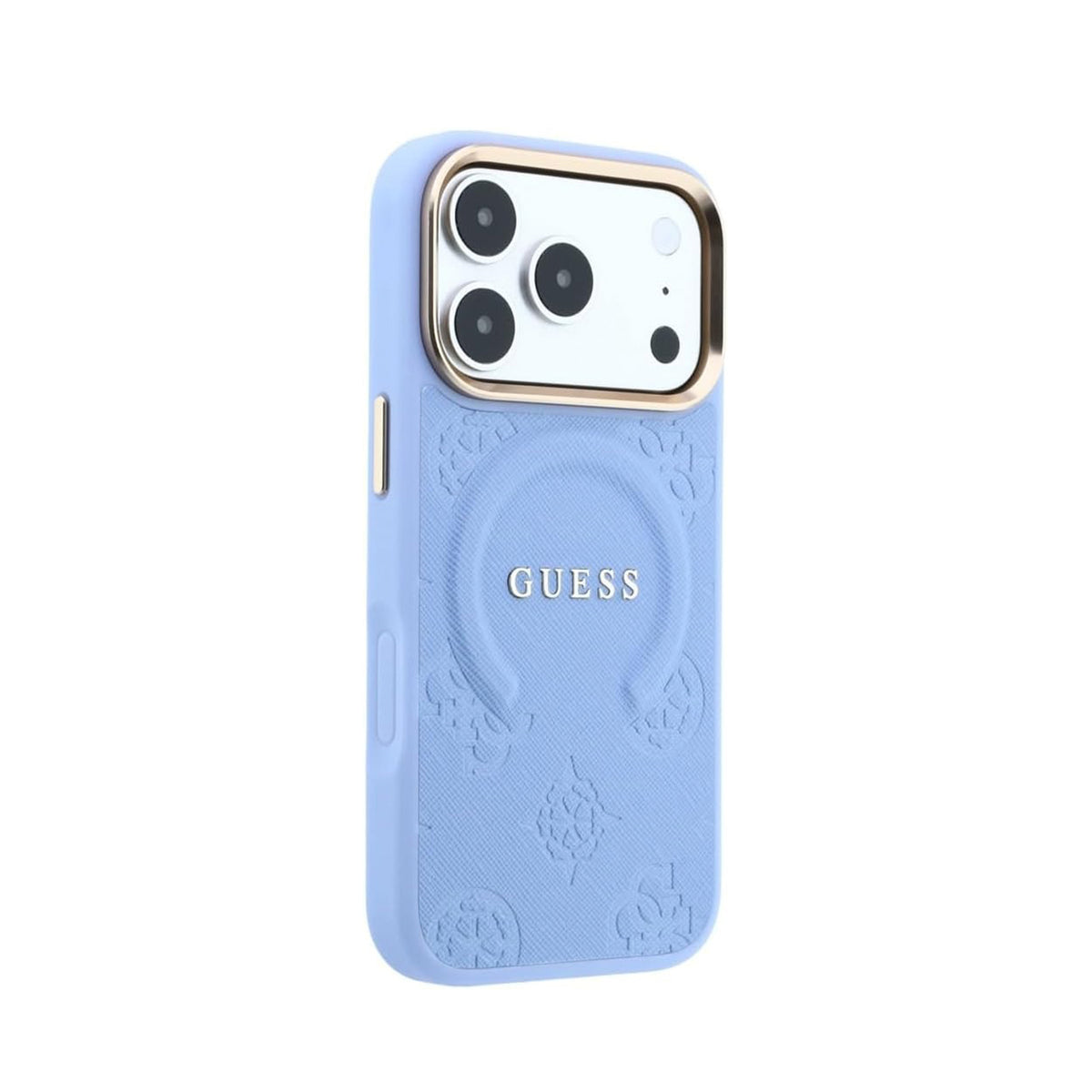 GUESS Funda Saffiano Peonía con Anillo para iPhone 18 Pro Max Compatible con MagSafe, Azul Claro