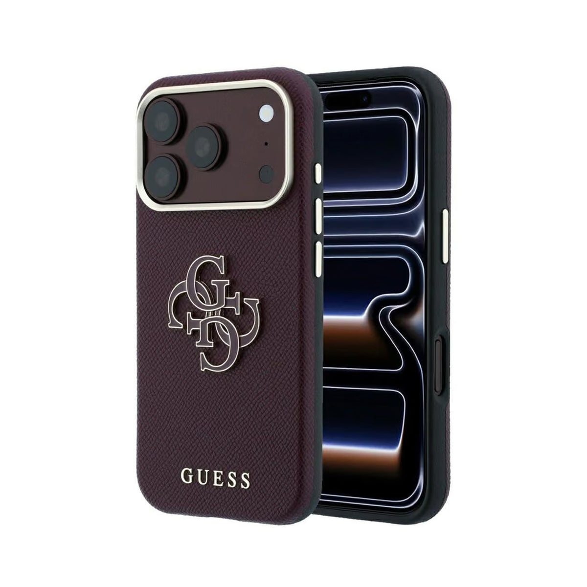 GUESS Funda Efecto Granulado con Logo de Resina para iPhone 18 Pro, Burdeos