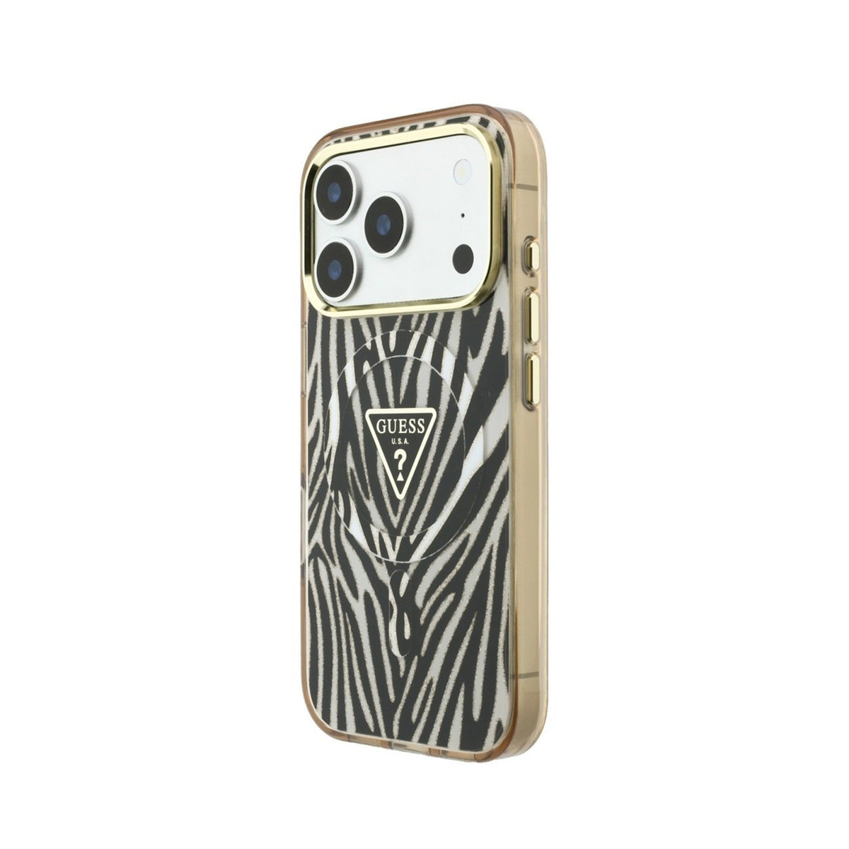 GUESS Funda Cebra con Brillos para iPhone 18 Pro Compatible con MagSafe, Dorada