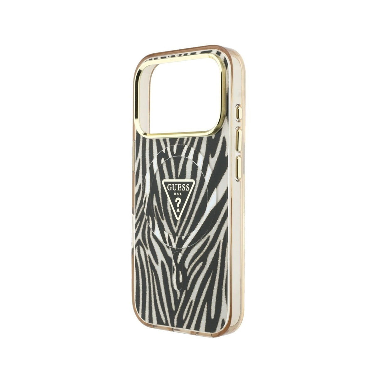 GUESS Funda Cebra con Brillos para iPhone 18 Pro Compatible con MagSafe, Dorada