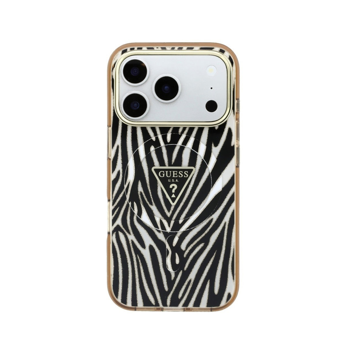 GUESS Funda Cebra con Brillos para iPhone 18 Pro Max Compatible con MagSafe, Dorada