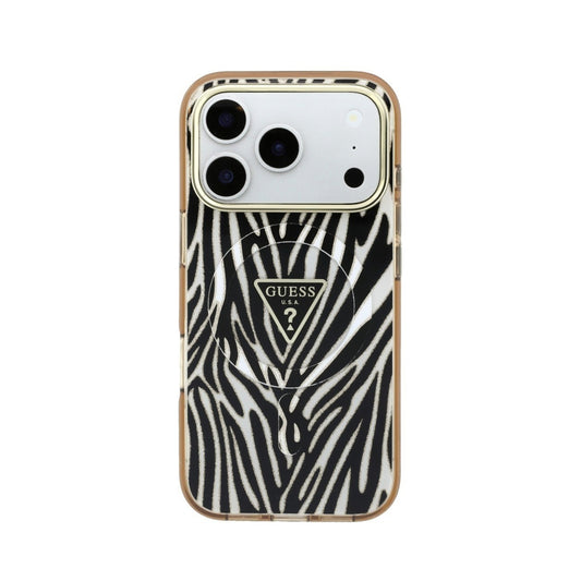 GUESS Funda Cebra con Brillos para iPhone 18 Pro Max Compatible con MagSafe, Dorada