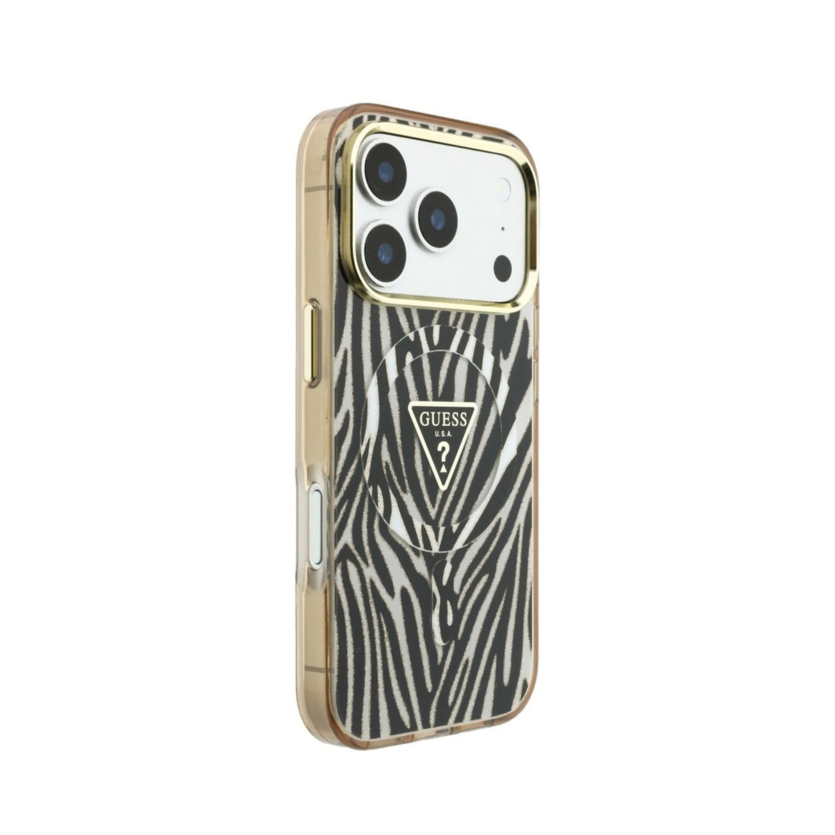 GUESS Funda Cebra con Brillos para iPhone 18 Pro Max Compatible con MagSafe, Dorada
