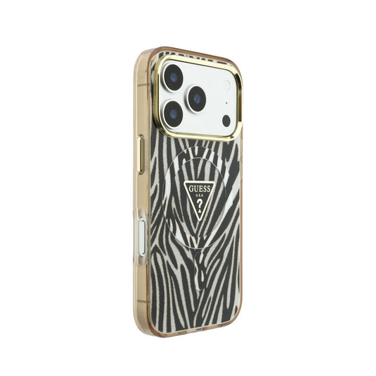 GUESS Funda Cebra con Brillos para iPhone 18 Pro Max Compatible con MagSafe, Dorada