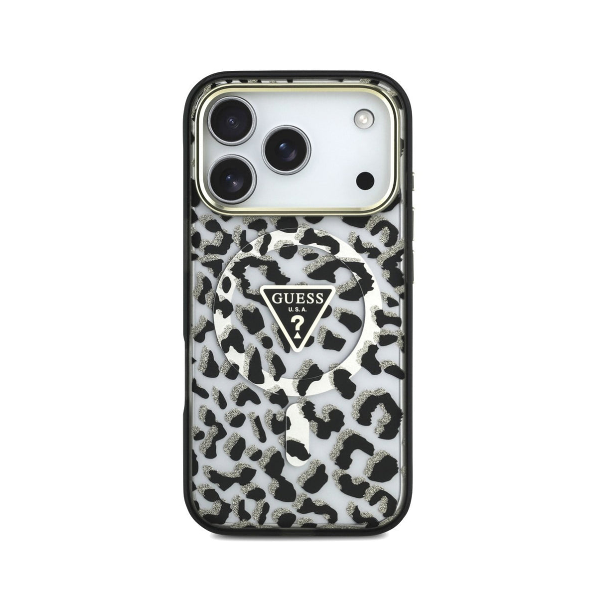 GUESS Funda Leopardo con Brillos para iPhone 18 Pro Max Compatible con MagSafe, Negra