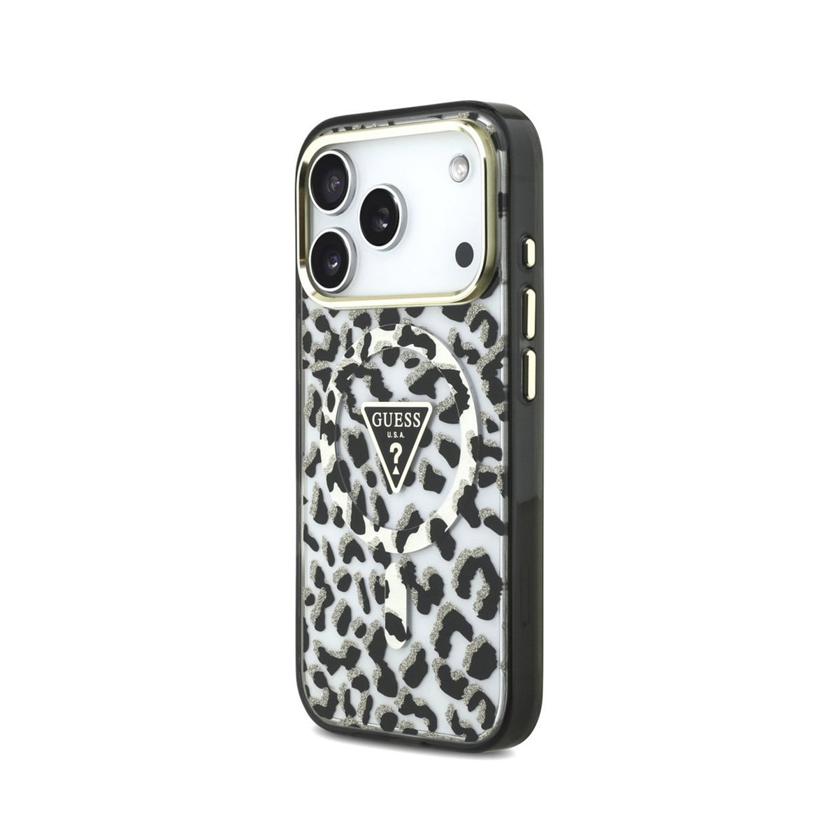 GUESS Funda Leopardo con Brillos para iPhone 18 Pro Max Compatible con MagSafe, Negra