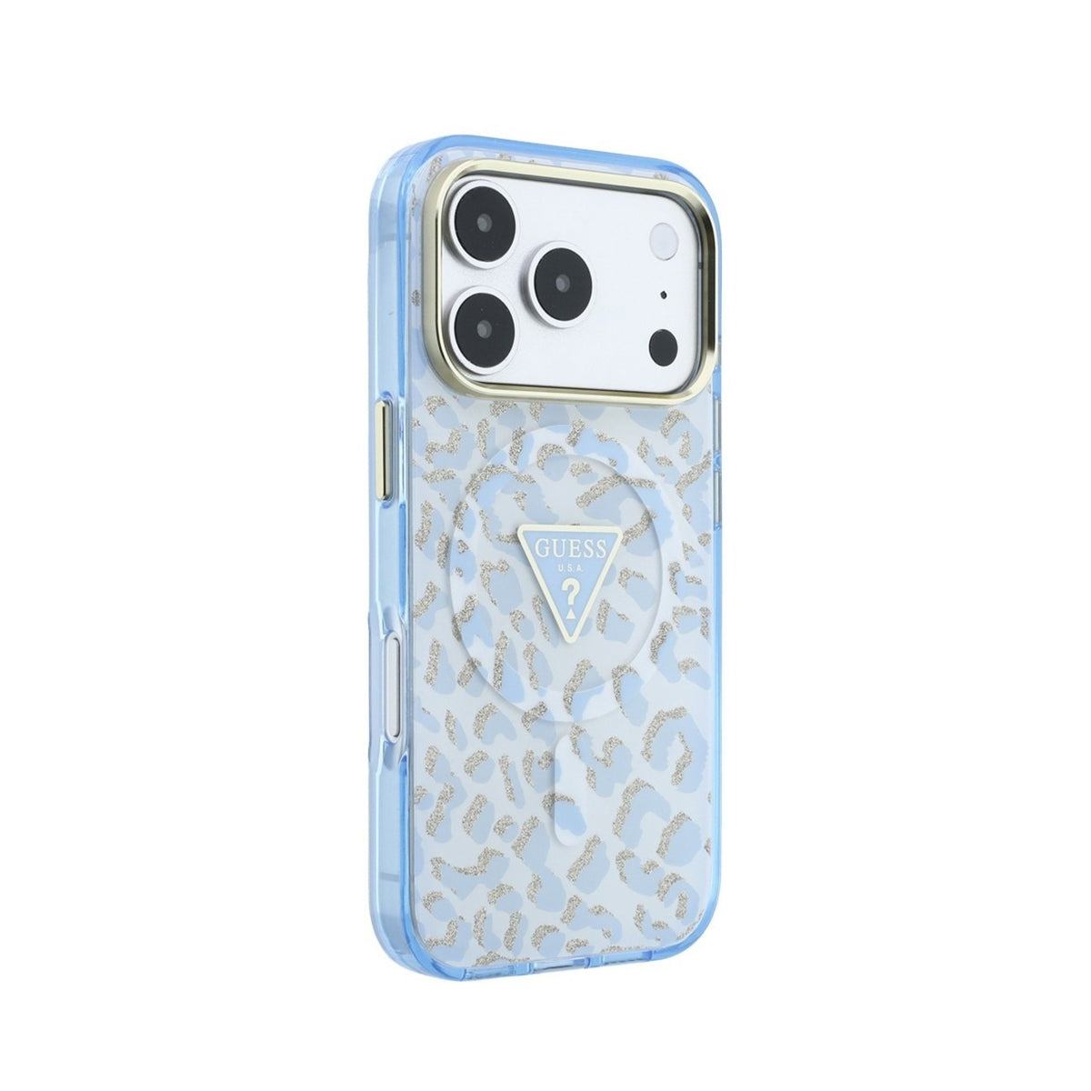 GUESS Funda Leopardo con Brillos para iPhone 18 Pro Compatible con MagSafe, Azul Claro