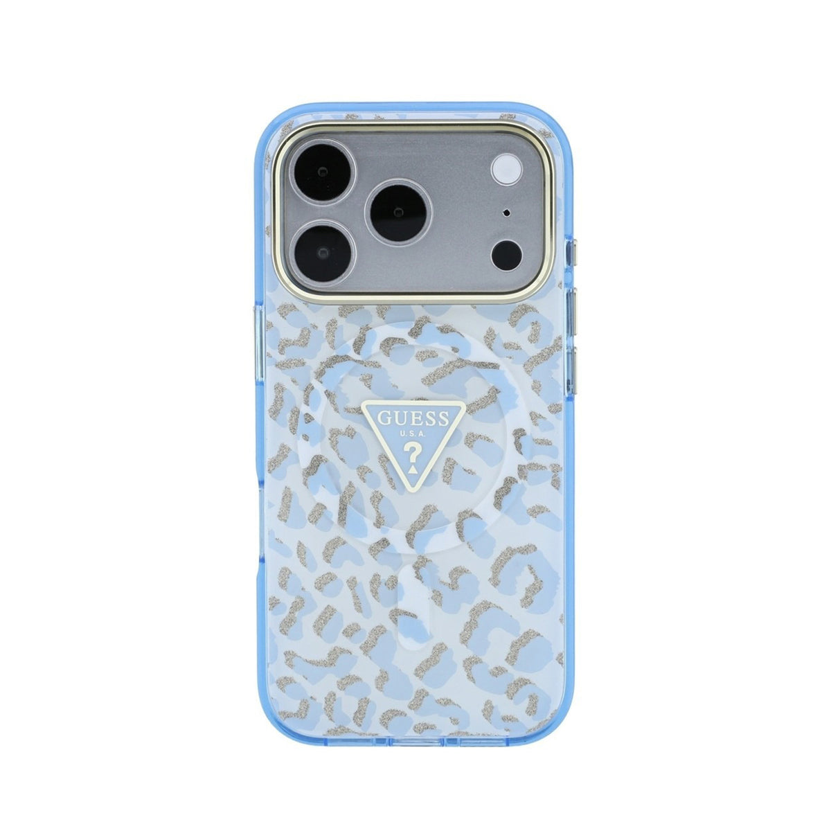 GUESS Funda Leopardo con Brillos para iPhone 18 Pro Max Compatible con MagSafe, Azul Claro