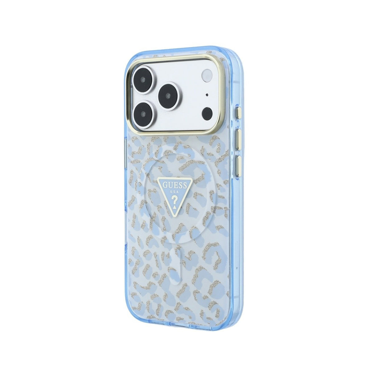 GUESS Funda Leopardo con Brillos para iPhone 18 Pro Max Compatible con MagSafe, Azul Claro