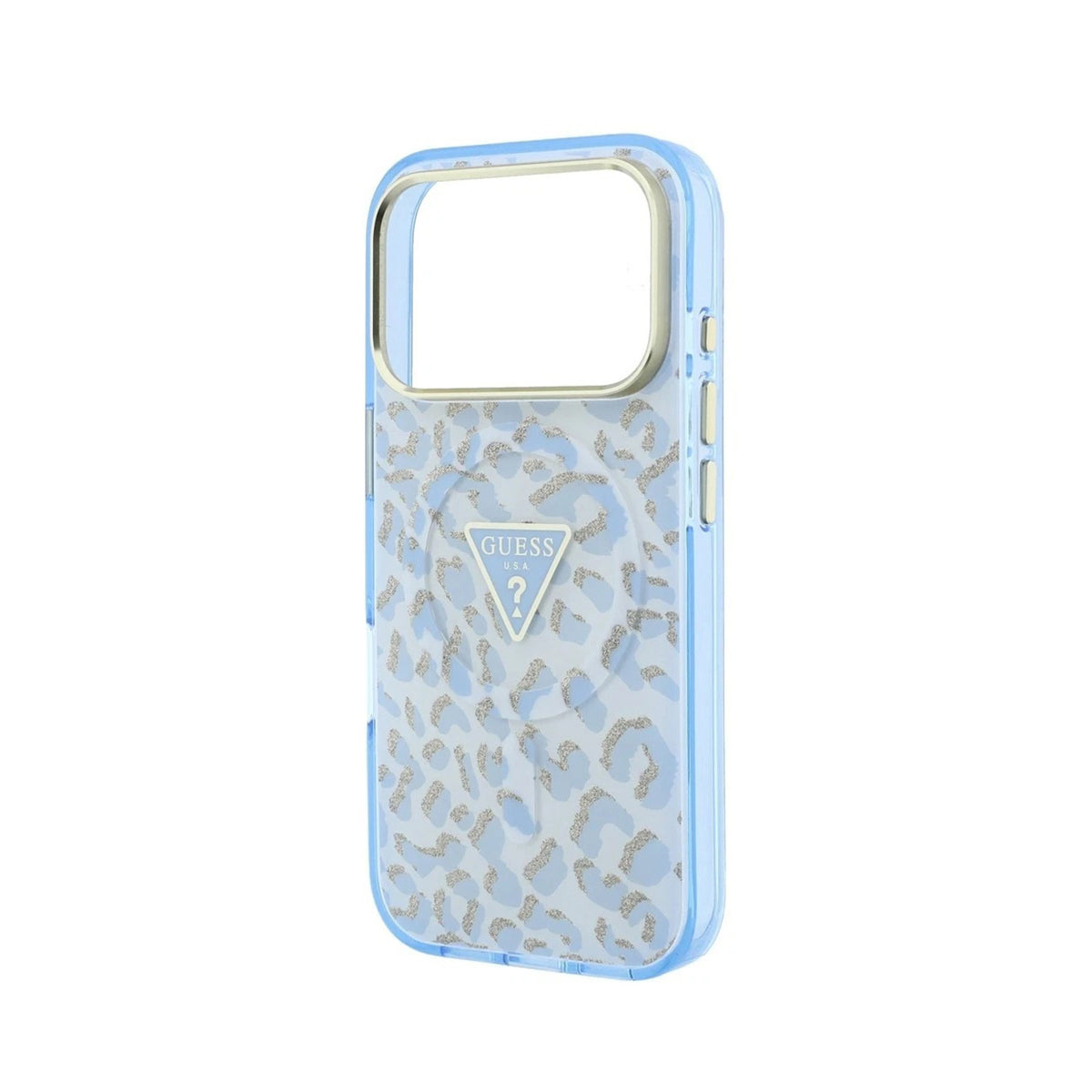 GUESS Funda Leopardo con Brillos para iPhone 18 Pro Max Compatible con MagSafe, Azul Claro