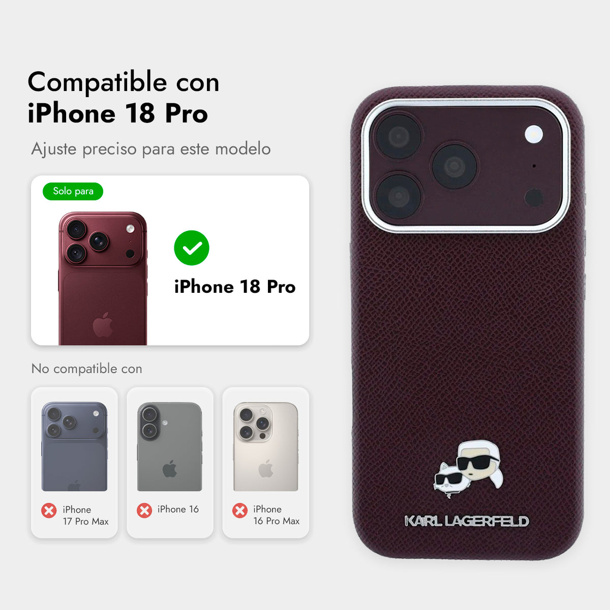 KARL LAGERFELD Funda Efecto Granulado para iPhone 18 Pro Compatible con MagSafe, Burdeos