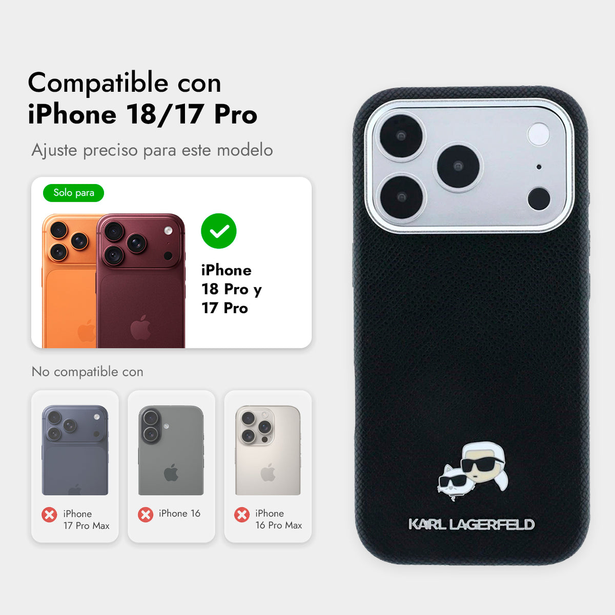 KARL LAGERFELD Funda Efecto Granulado para iPhone 17 Pro/18 Pro Compatible con MagSafe, Negro