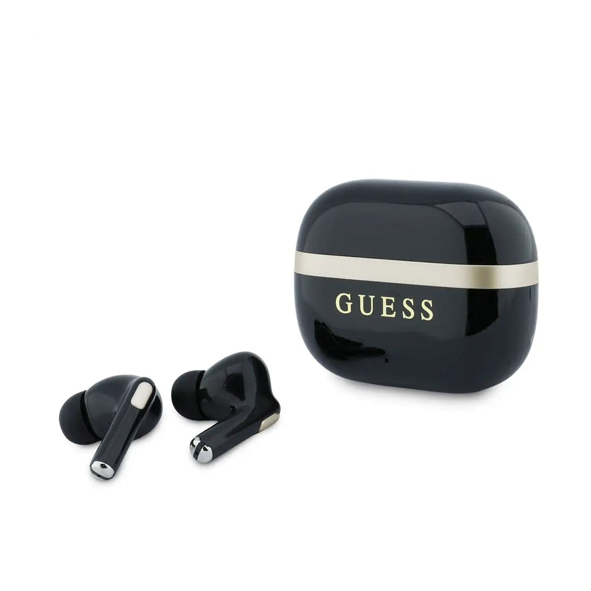 GUESS Auriculares Inalámbricos con Logo Clásico y Detalle Dorado, Negr