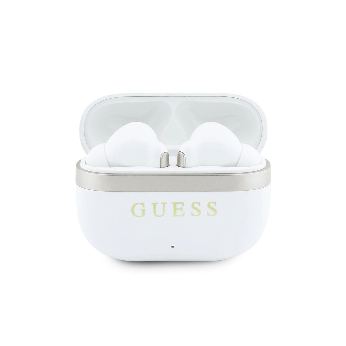 GUESS Auriculares Inalámbricos con Logo Clásico y Detalle Dorado, Blanco