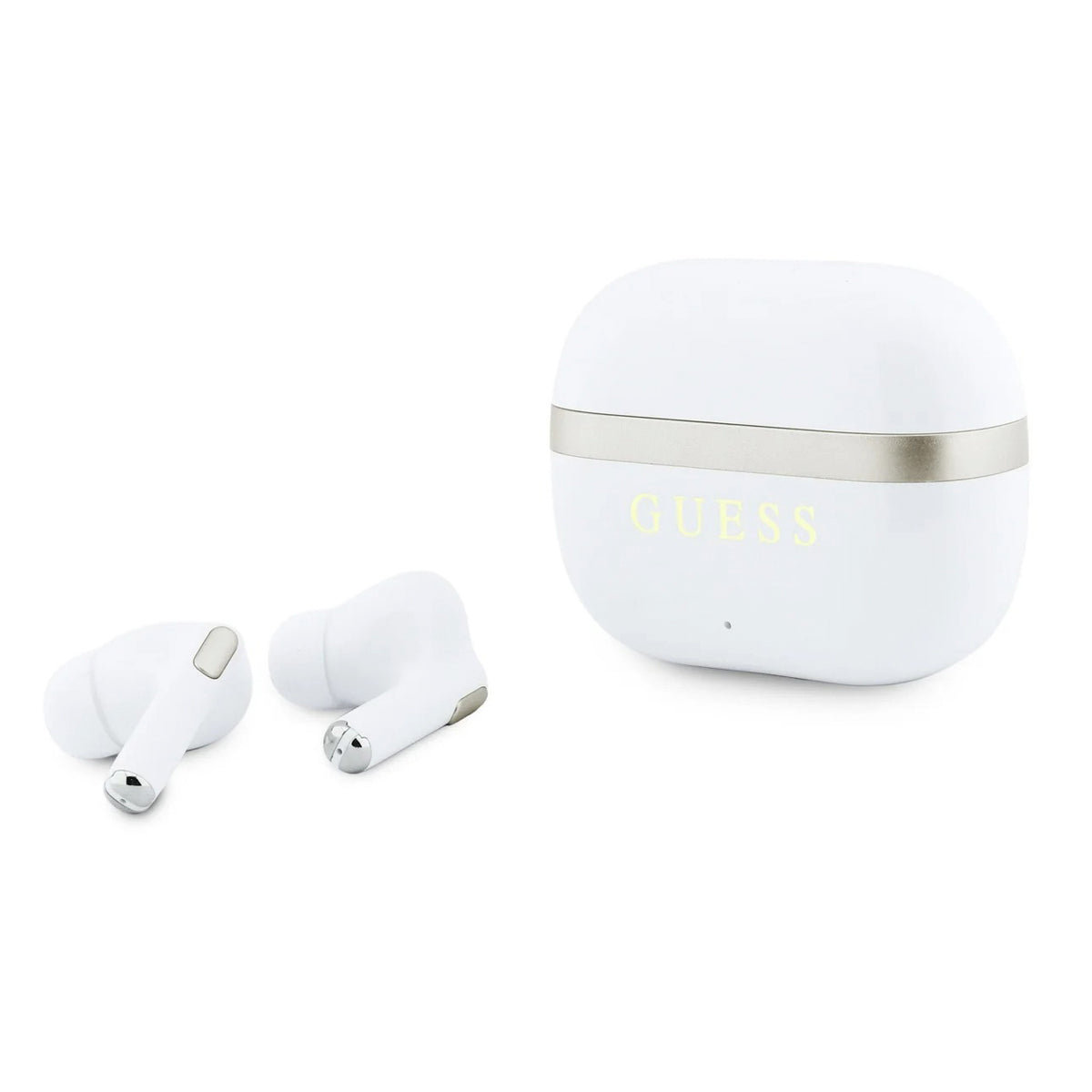 GUESS Auriculares Inalámbricos con Logo Clásico y Detalle Dorado, Blanco