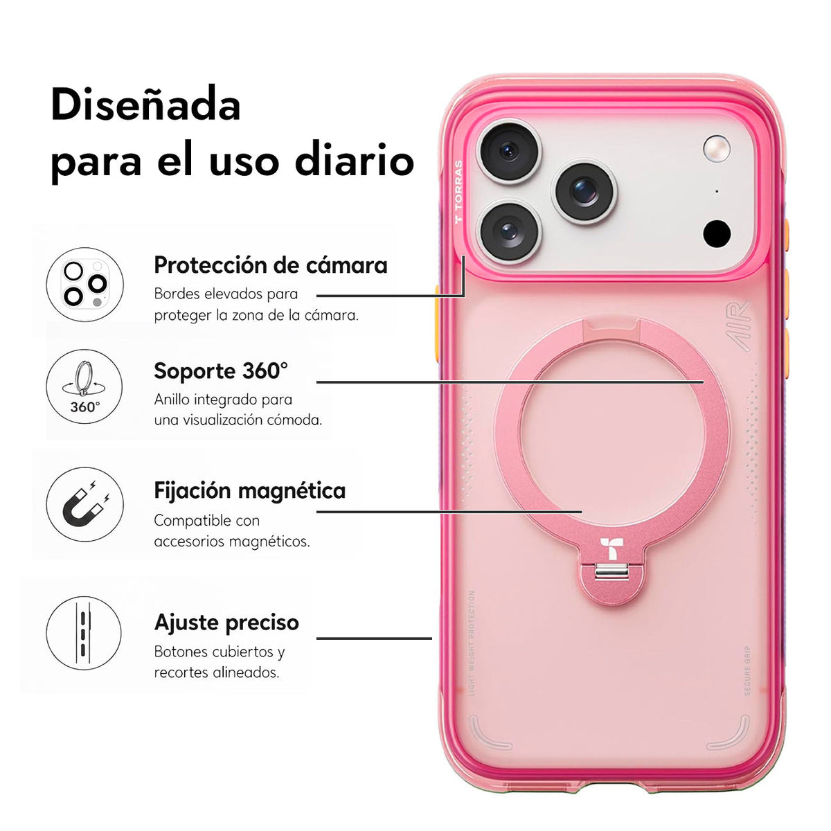 TORRAS Funda Ostand Q3 Air con Soporte para iPhone 17 Pro/18 Pro Compatible con MagSafe, Neon Pink