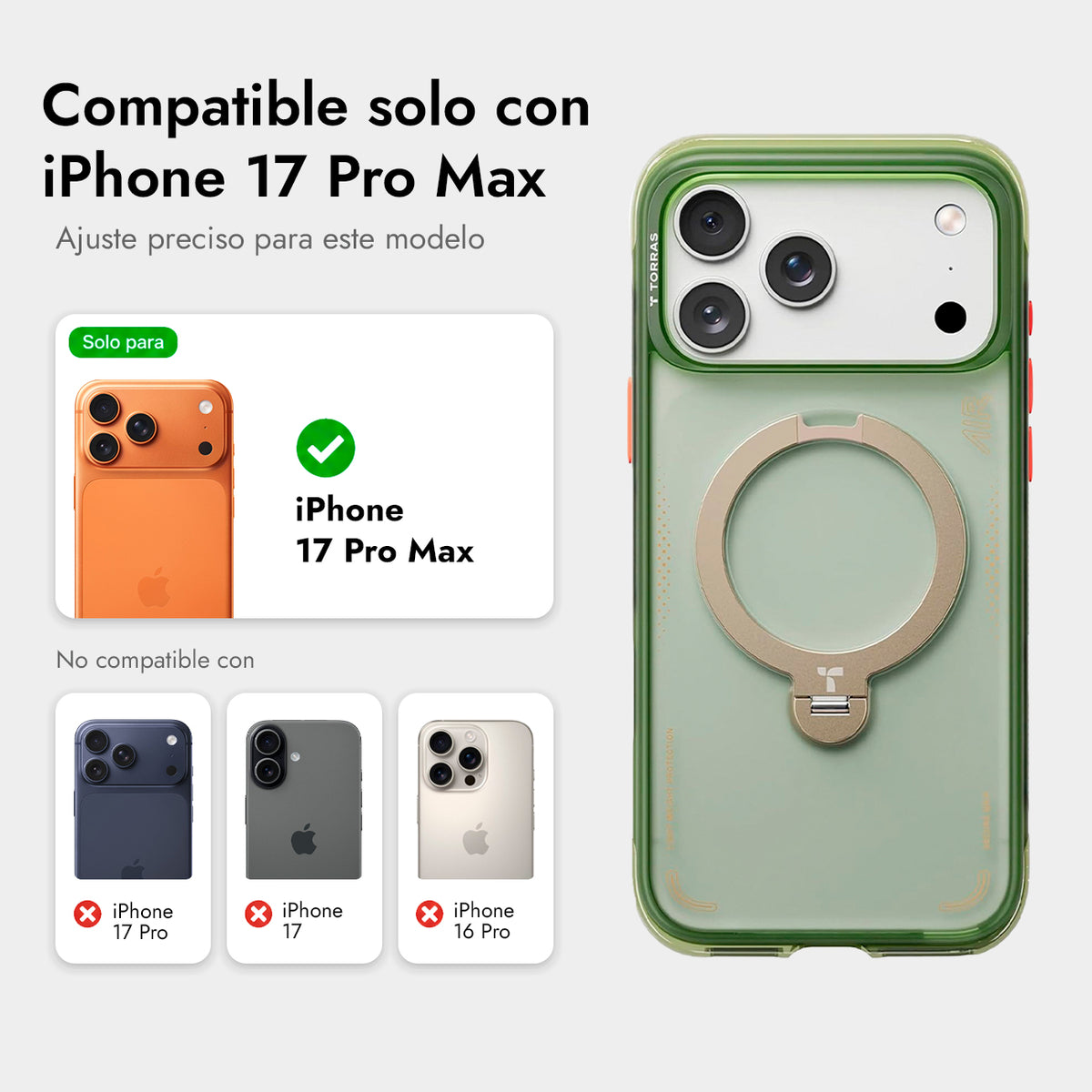 TORRAS Funda Ostand Q3 Air con Soporte para iPhone 17 Pro Max/18 Pro Max Compatible con MagSafe, Verde