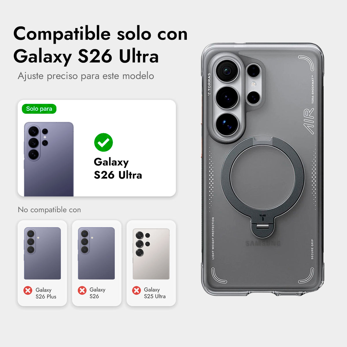 TORRAS Funda Ostand Spin Air Series con Soporte para Galaxy S26 Ultra con Anillo Magnético, Negro